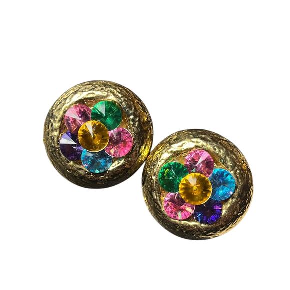 Vintage 80s 1980s Large Oversized Gold Gemstone Flower Clip Earrings D1 - Picture 1 of 10
